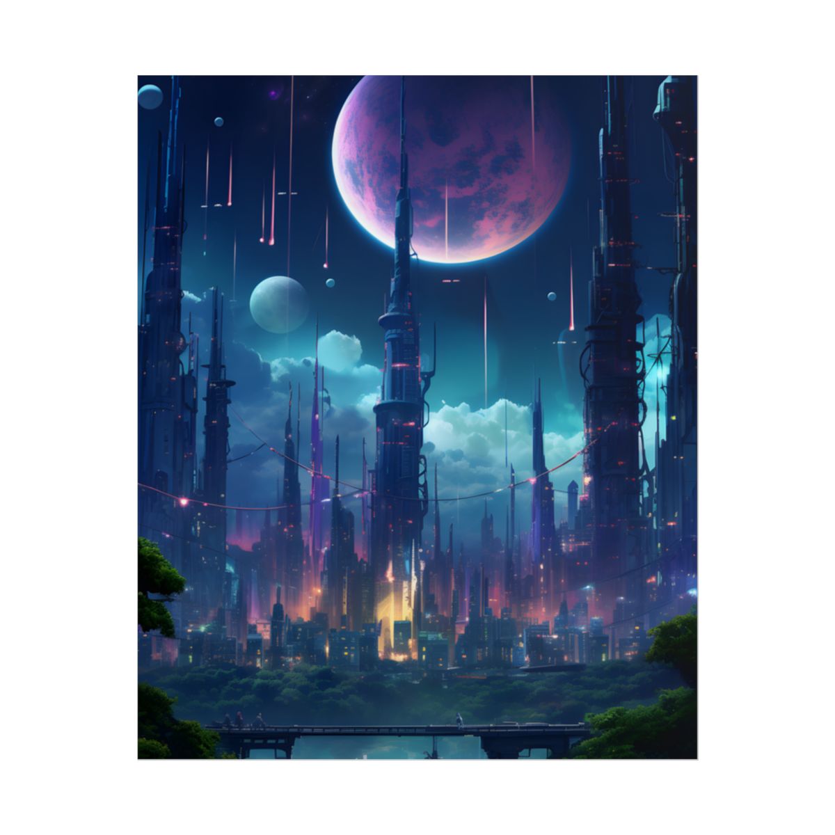 Cyberpunk Night: Melancholic Urban Landscape Digital Artwork - Poster