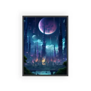 Futuristic City Under Pink Moon Framed Poster
