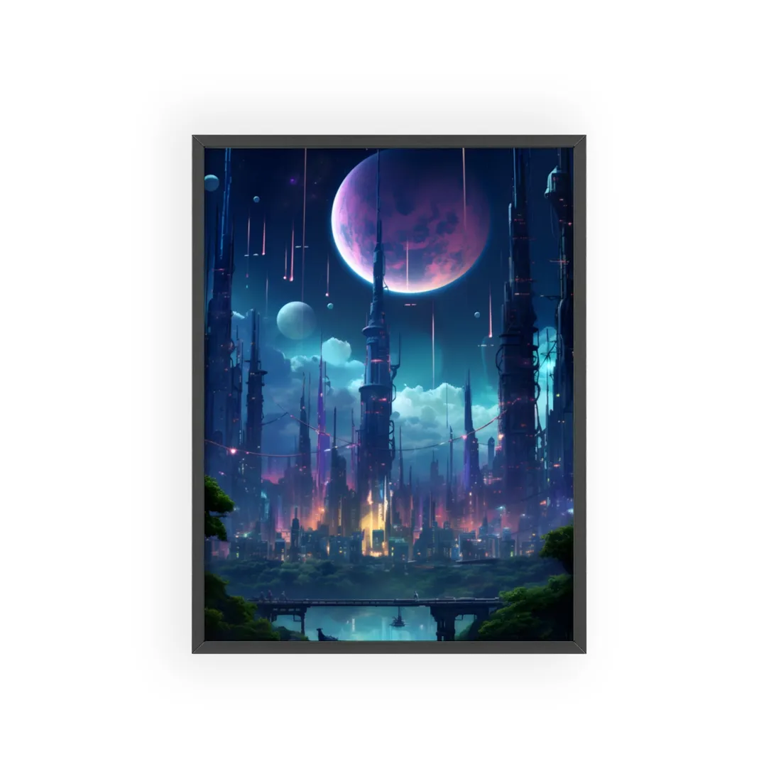 Cyberpunk Night: Melancholic Urban Landscape - Framed Poster