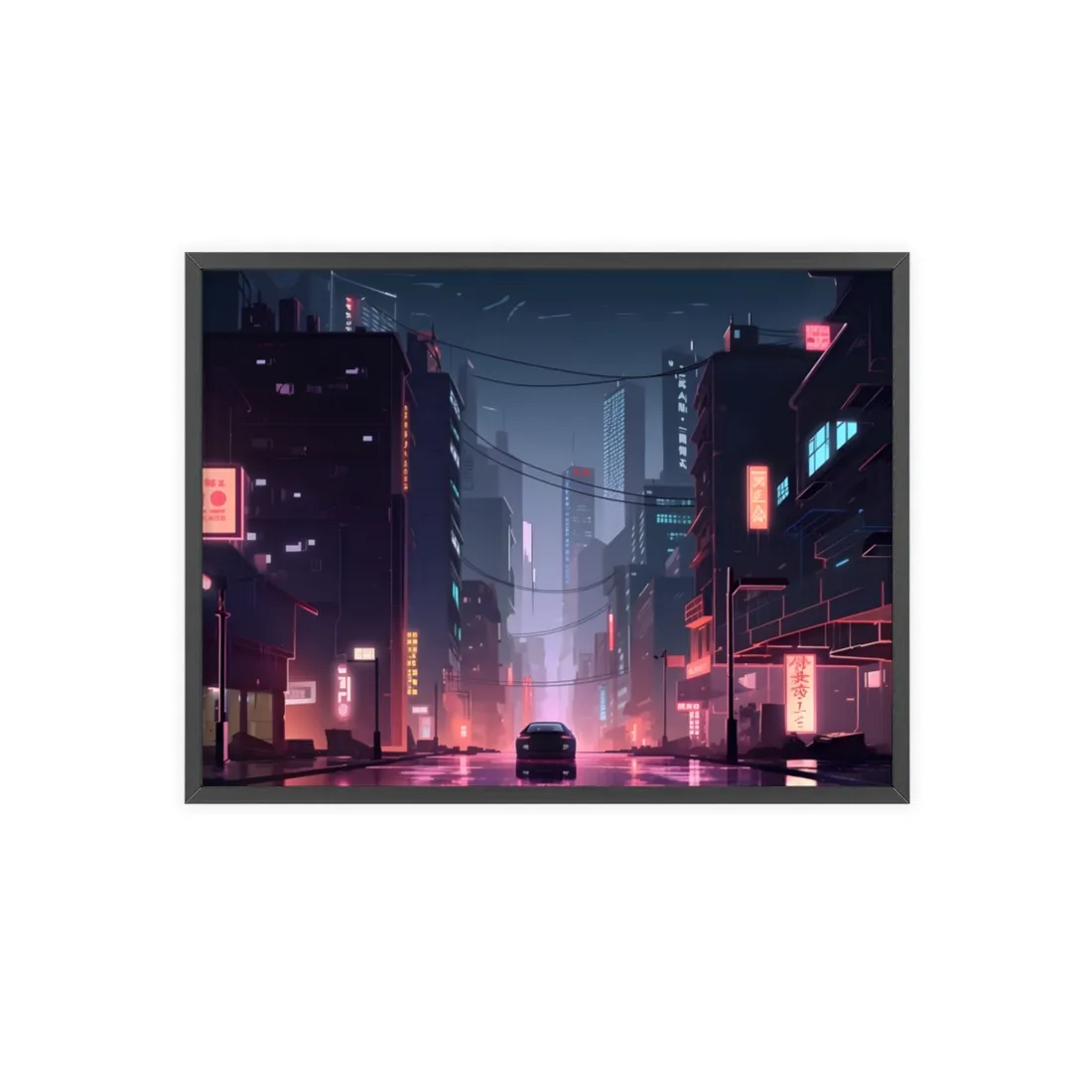 Cyberpunk Night: Melancholic Urban Landscape - Framed Poster