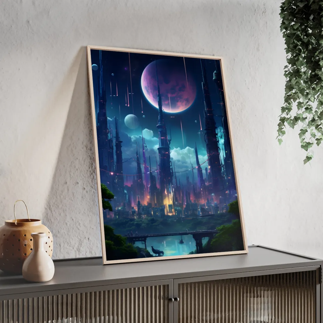 Cyberpunk Night: Melancholic Urban Landscape - Framed Poster