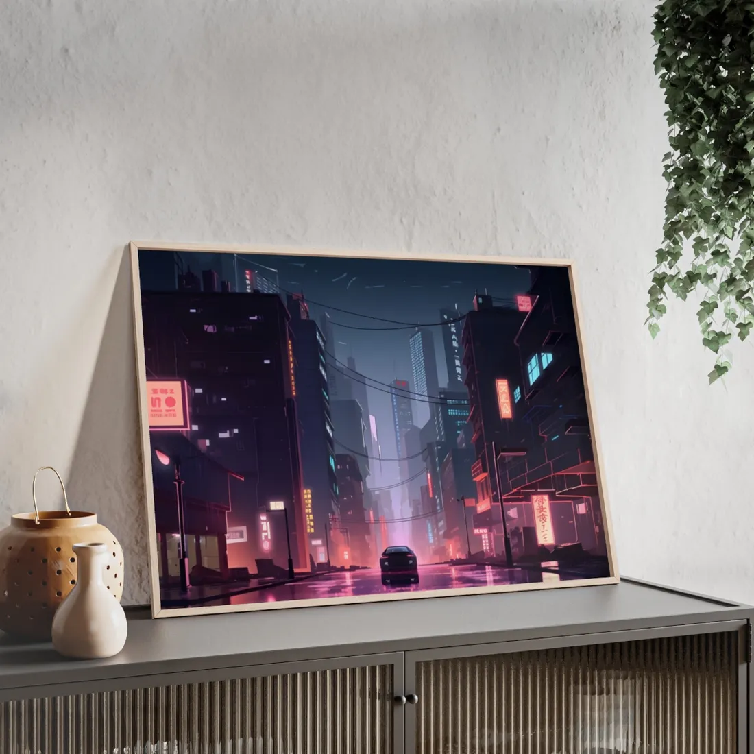 Cyberpunk Night: Melancholic Urban Landscape - Framed Poster