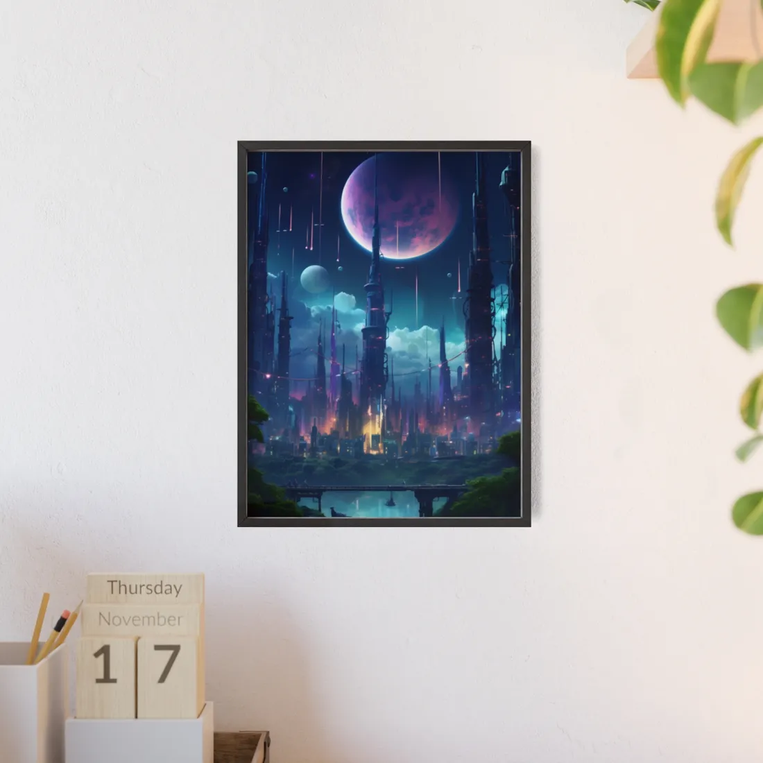Cyberpunk Night: Melancholic Urban Landscape - Framed Poster