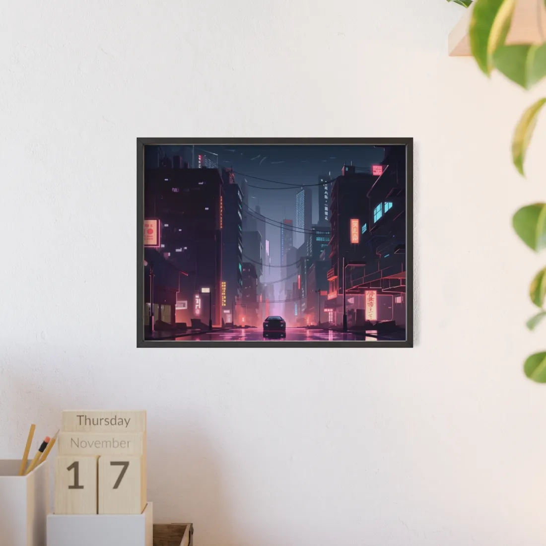 Cyberpunk Night: Melancholic Urban Landscape - Framed Poster