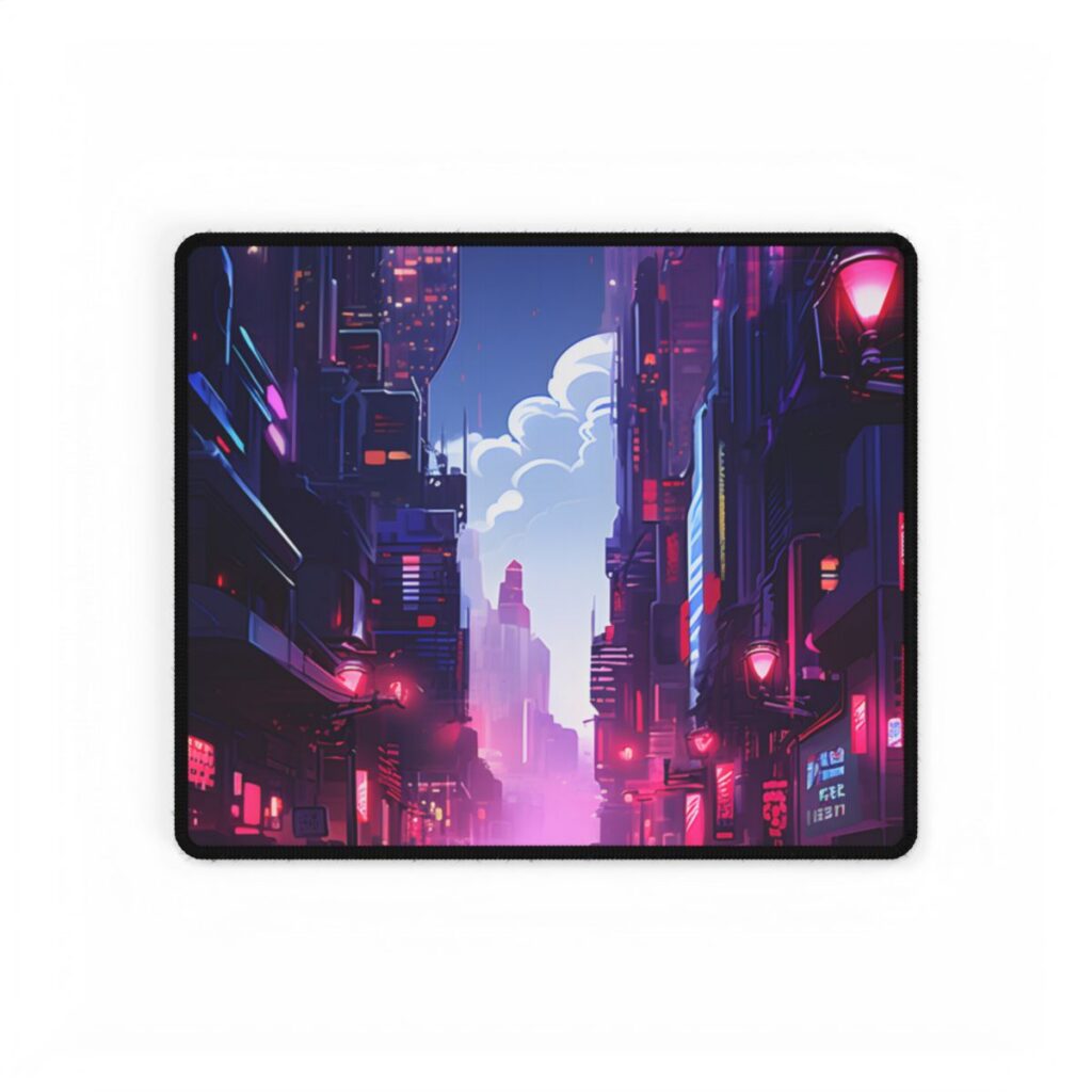 Cyberpunk Night: Moody Cityscape with Neon Signs - Desk Mat