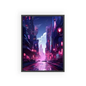 Cyberpunk City Street Reflection Framed Poster