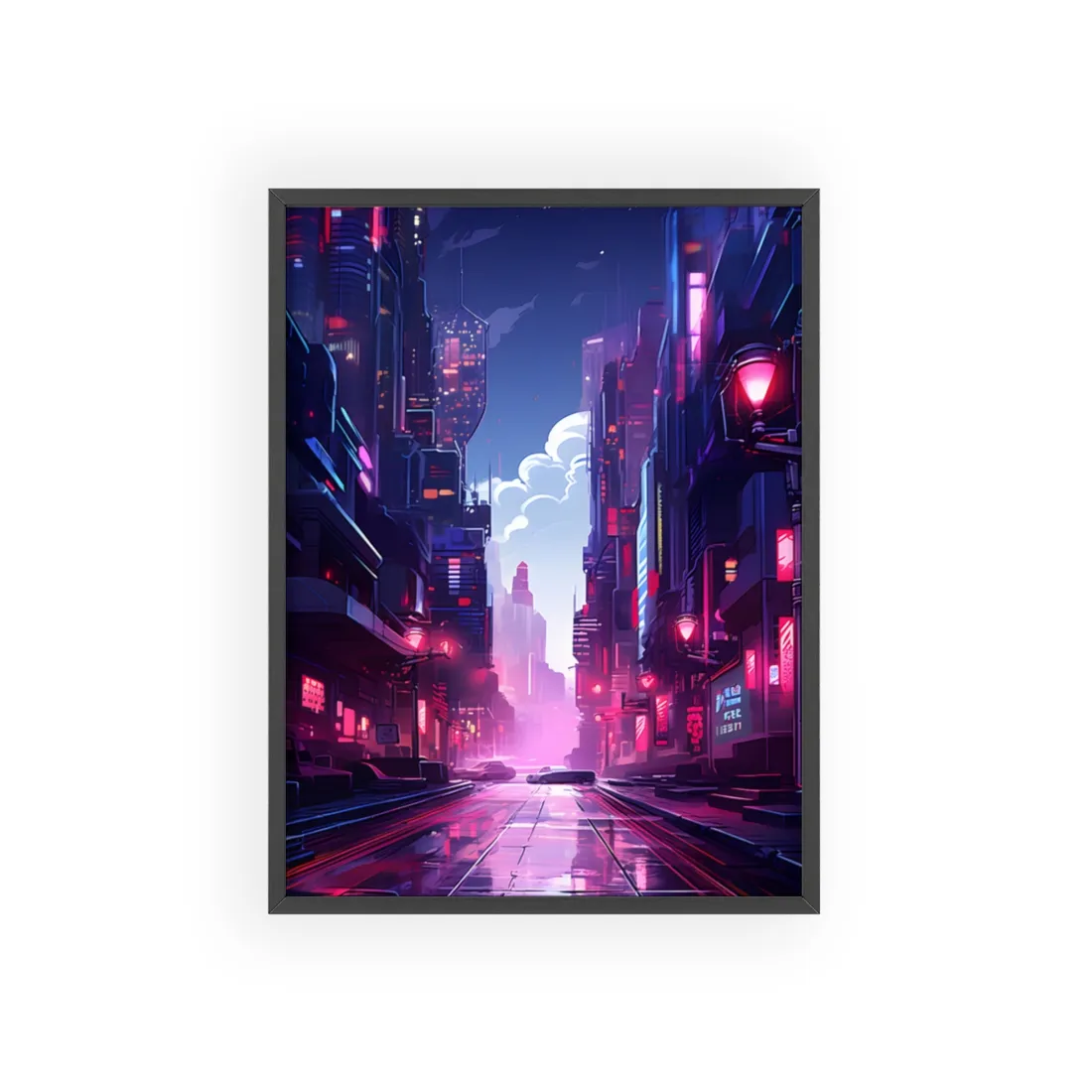 Cyberpunk Night: Moody Cityscape with Neon Signs - Framed Poster