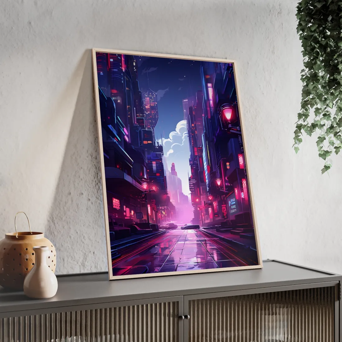 Cyberpunk Night: Moody Cityscape with Neon Signs - Framed Poster