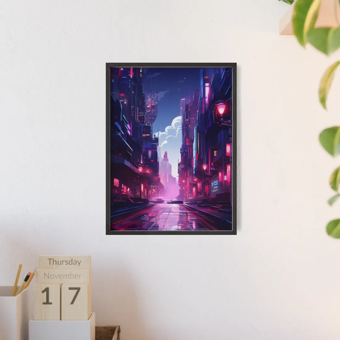 Cyberpunk Night: Moody Cityscape with Neon Signs - Framed Poster