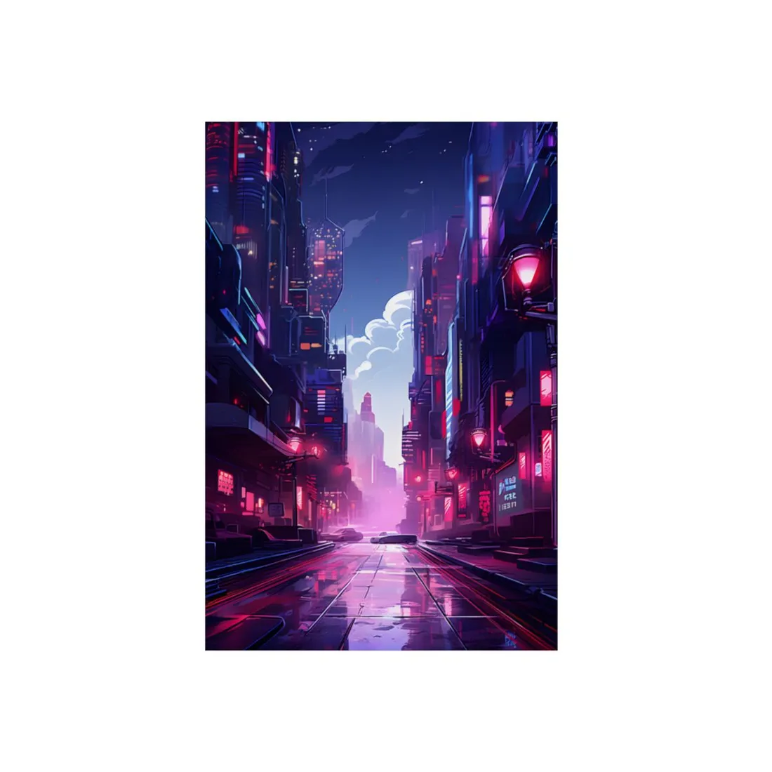 Cyberpunk Night: Moody Cityscape with Neon Signs - Metal Poster