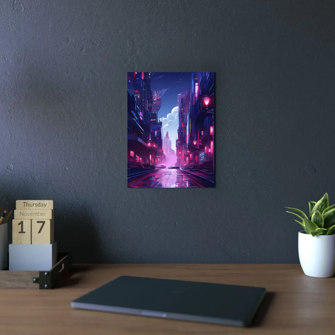 Cyberpunk Night: Moody Cityscape with Neon Signs - Metal Poster