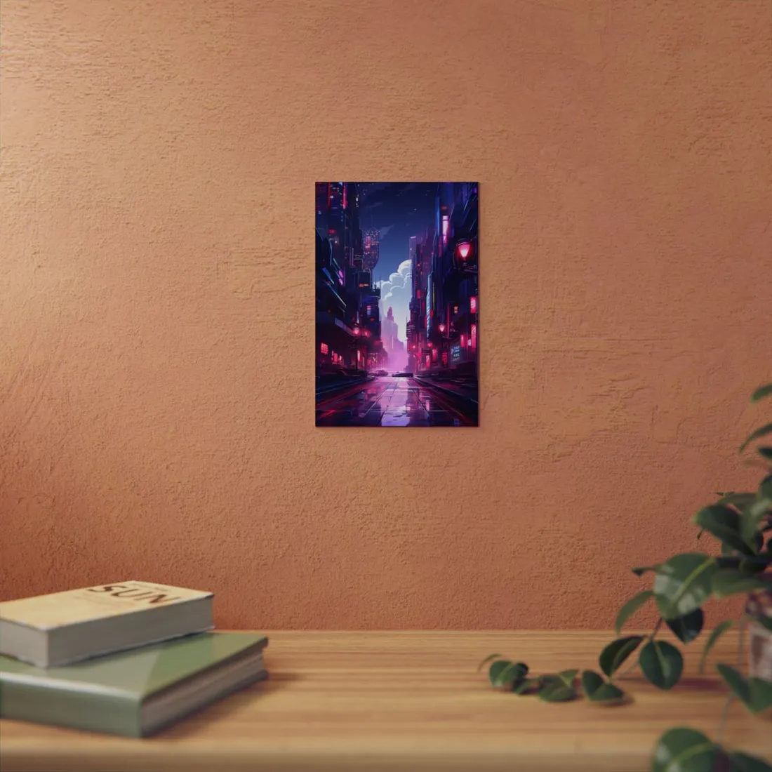 Cyberpunk Night: Moody Cityscape with Neon Signs - Metal Poster