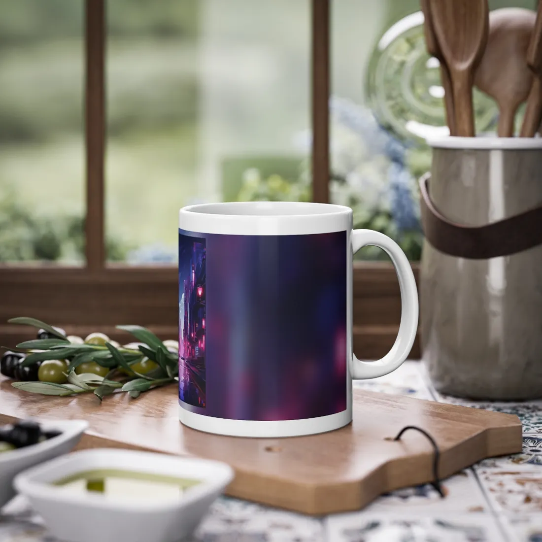 Cyberpunk Night: Moody Cityscape with Neon Signs - Mug