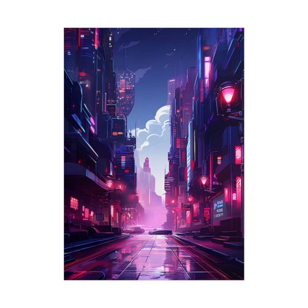 Cyberpunk Night: Moody Cityscape with Neon Signs - Poster