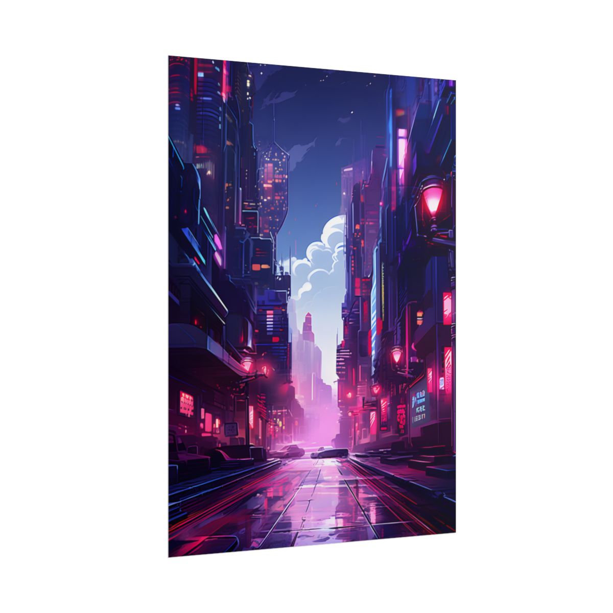 Cyberpunk Night: Moody Cityscape with Neon Signs - Poster