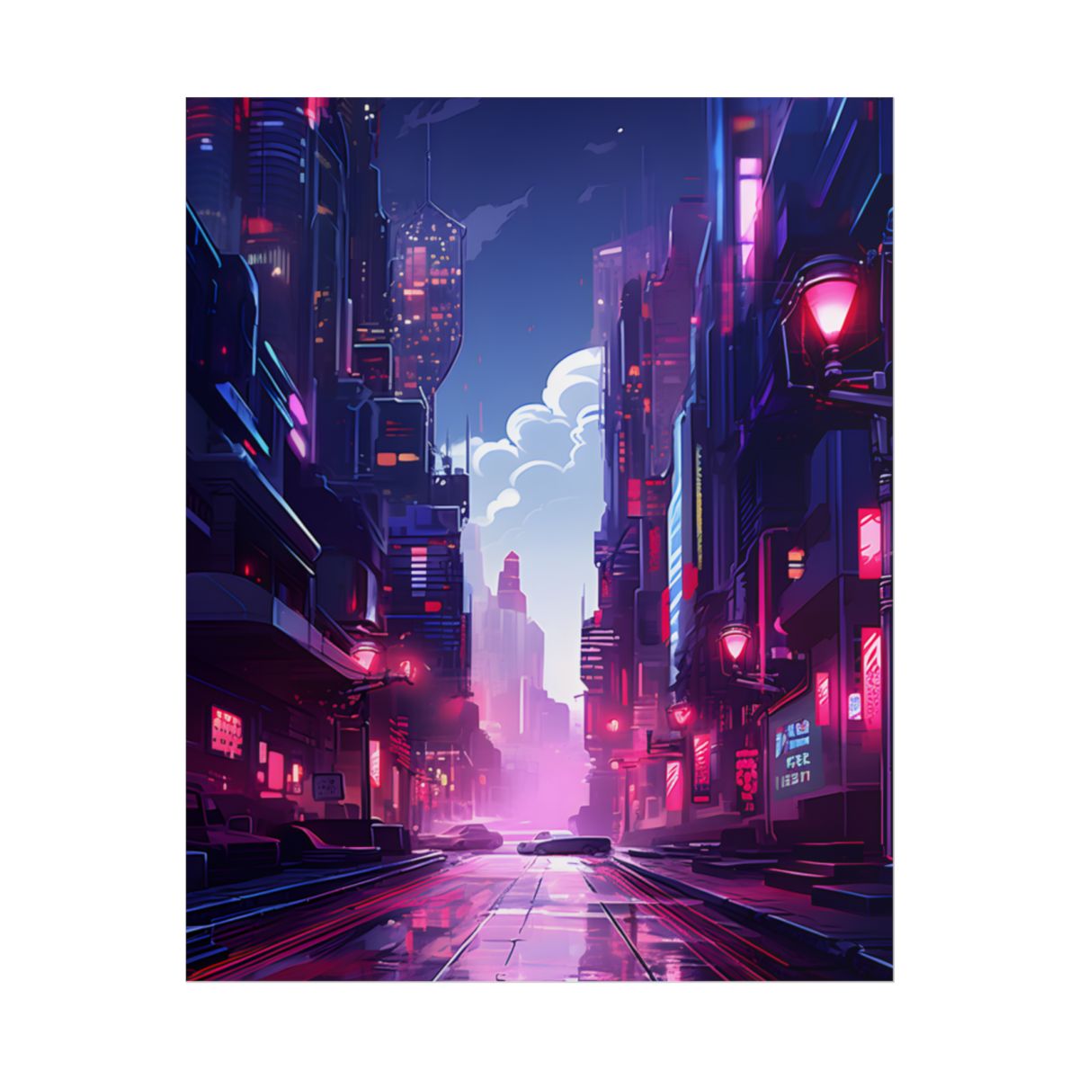 Cyberpunk Night: Moody Cityscape with Neon Signs - Poster