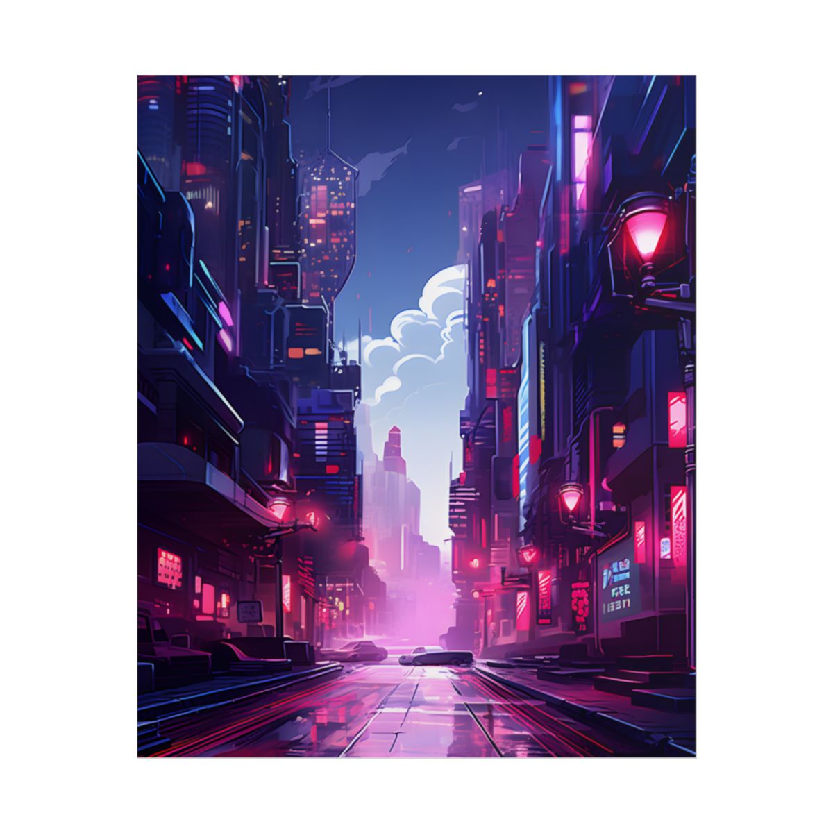 Cyberpunk Night: Moody Cityscape with Neon Signs - Poster