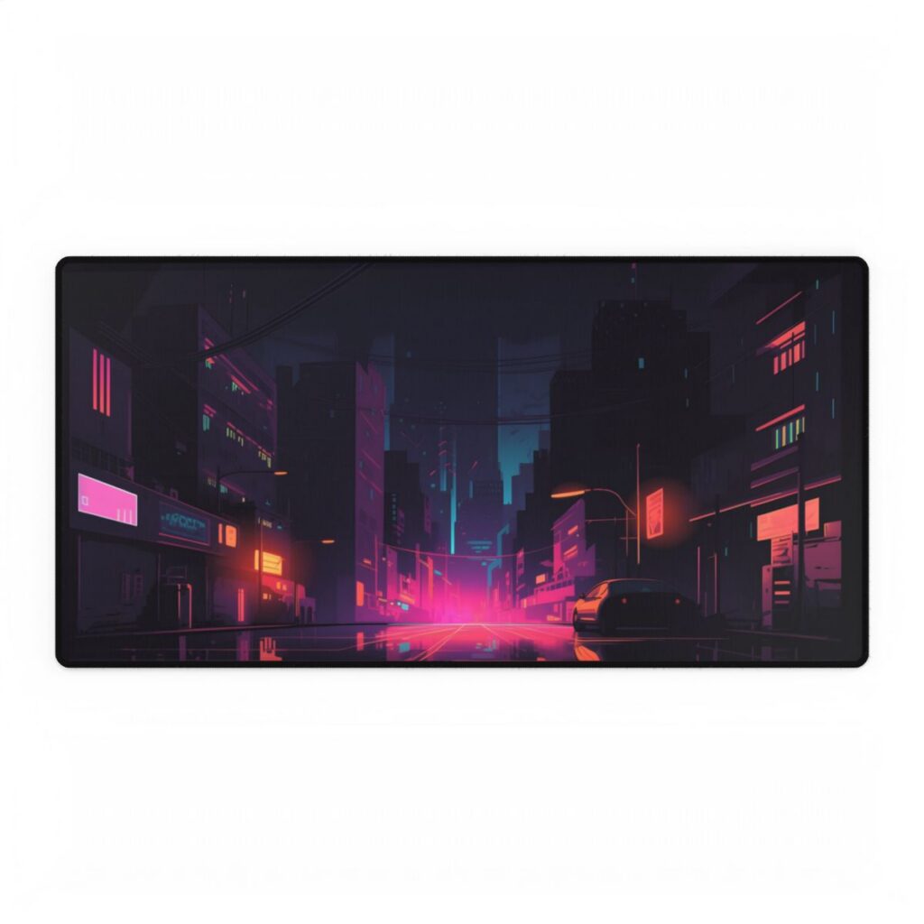 Cyberpunk Night: Moody Cityscape with Unique Architecture - Desk Mat