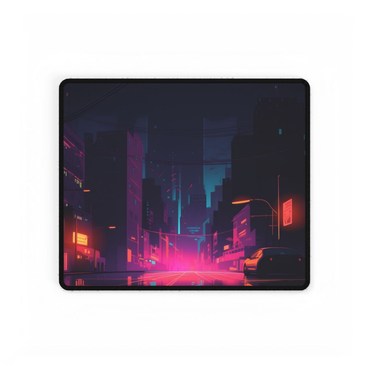 Cyberpunk Night: Moody Cityscape with Unique Architecture - Desk Mat