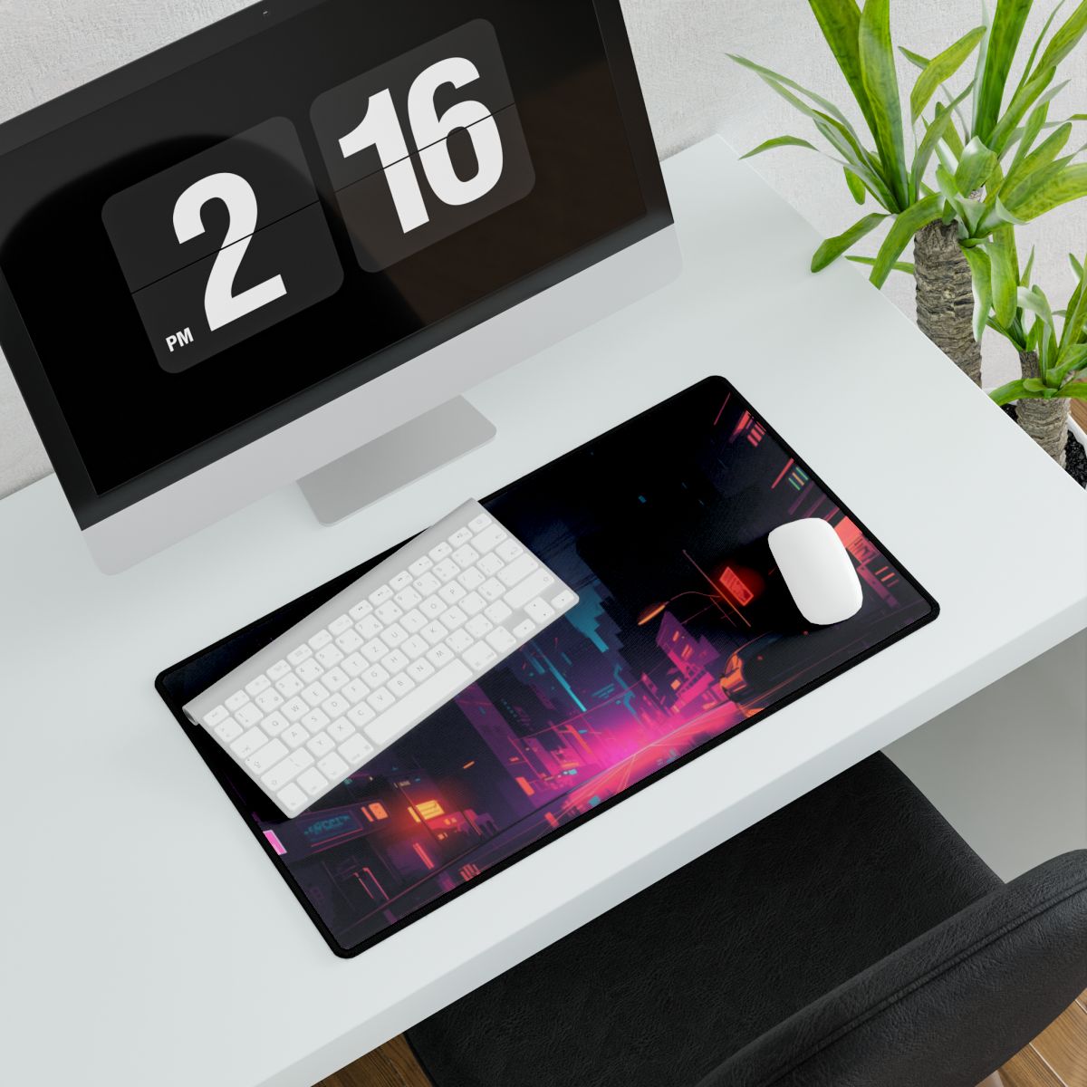 Cyberpunk Night: Moody Cityscape with Unique Architecture - Desk Mat