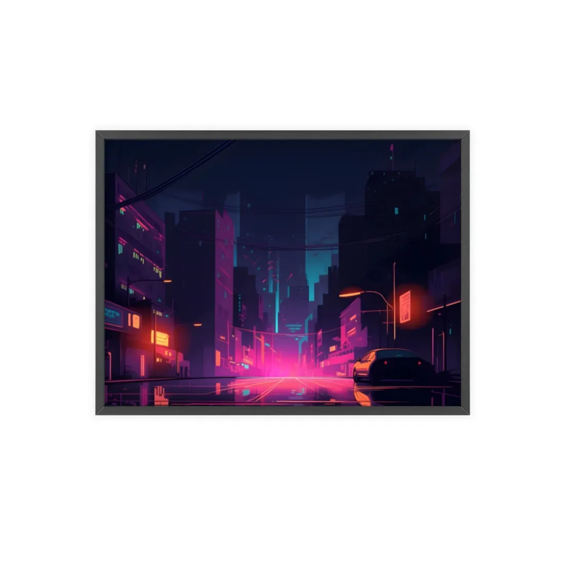 Cyberpunk Night: Moody Cityscape with Unique Architecture - Framed Poster