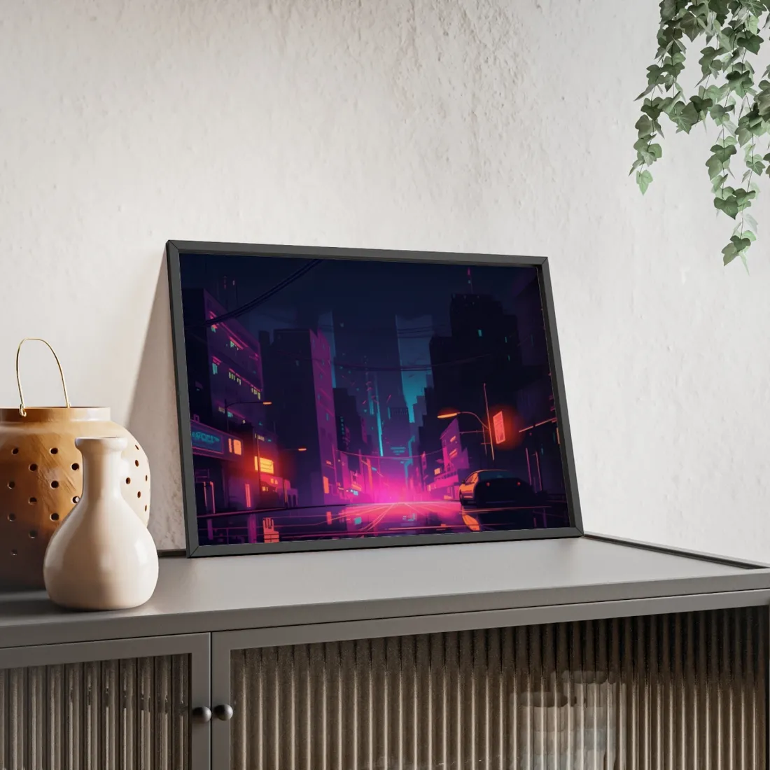 Cyberpunk Night: Moody Cityscape with Unique Architecture - Framed Poster
