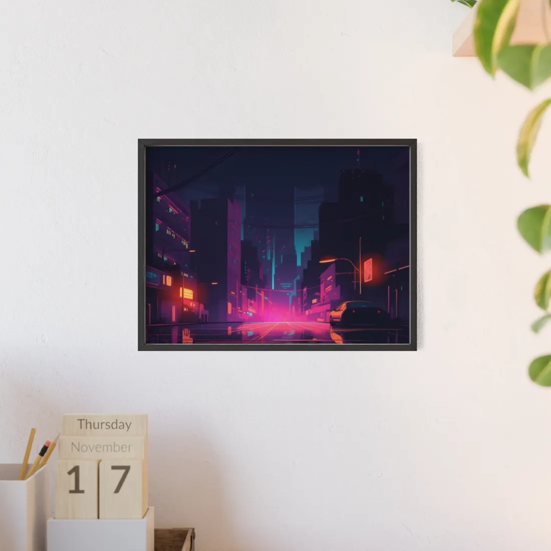 Cyberpunk Night: Moody Cityscape with Unique Architecture - Framed Poster