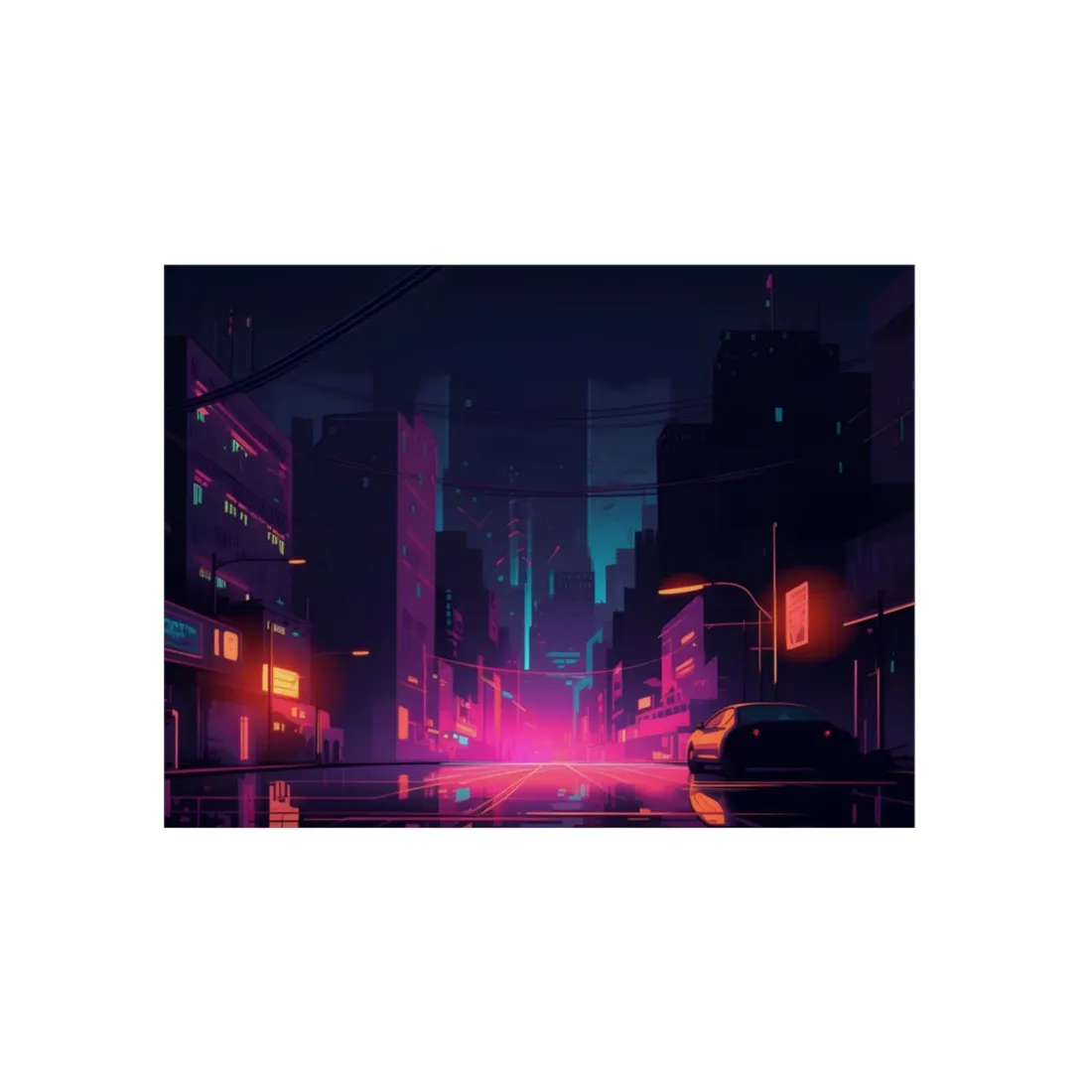 Cyberpunk Night: Moody Cityscape with Unique Architecture - Metal Poster