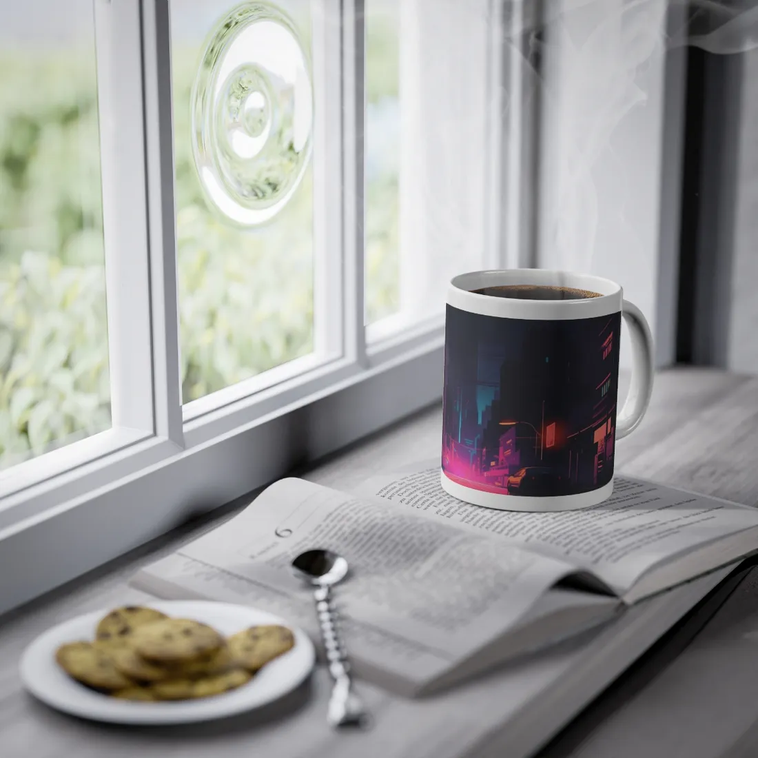 Cyberpunk Night: Moody Cityscape with Unique Architecture - Mug
