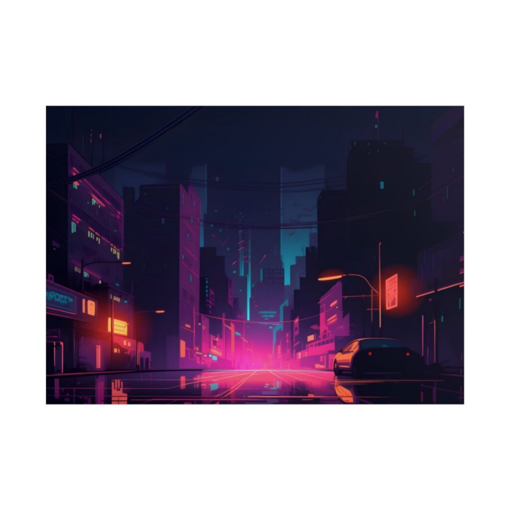 Cyberpunk Night: Moody Cityscape with Unique Architecture - Poster
