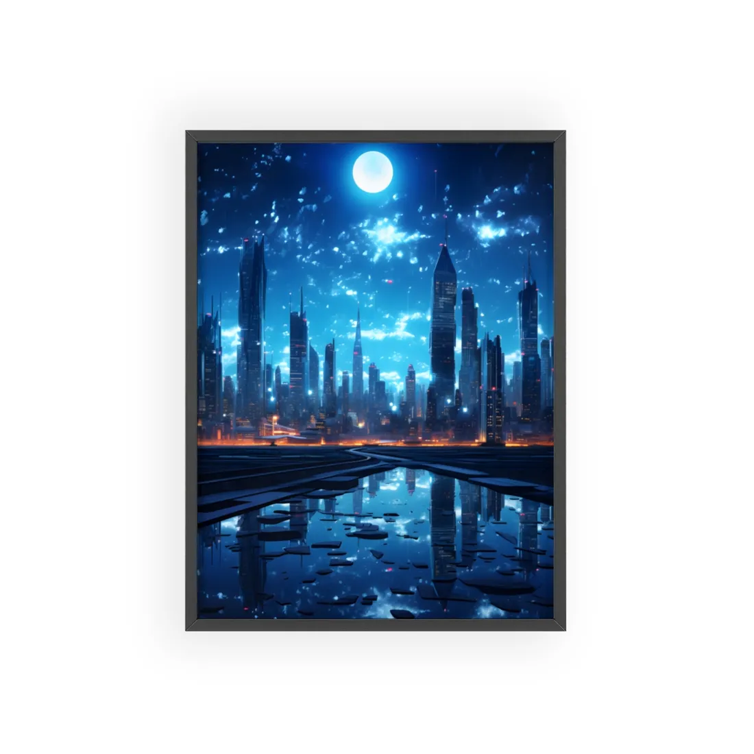 Cyberpunk Night: Quiet Cityscape Digital Art - Framed Poster