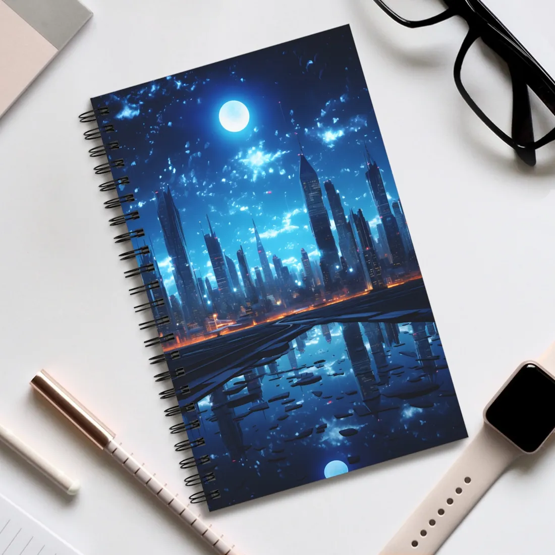 Cyberpunk Night: Quiet Cityscape Digital Art - Spiral Notebook