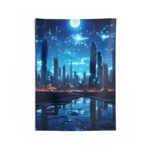 Moonlit Blue Metropolis Wall Tapestry