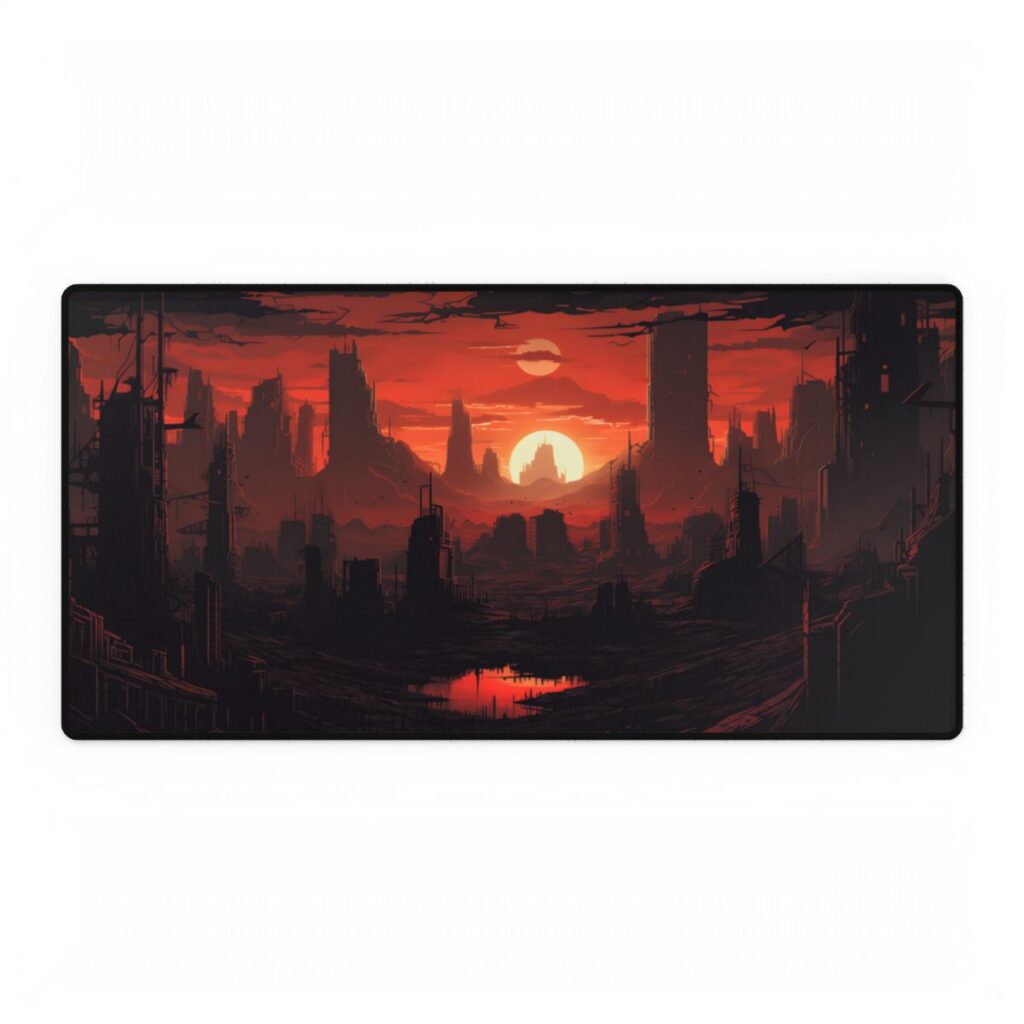 Cyberpunk Nighttime Cityscape: Burning City Digital Art - Desk Mat