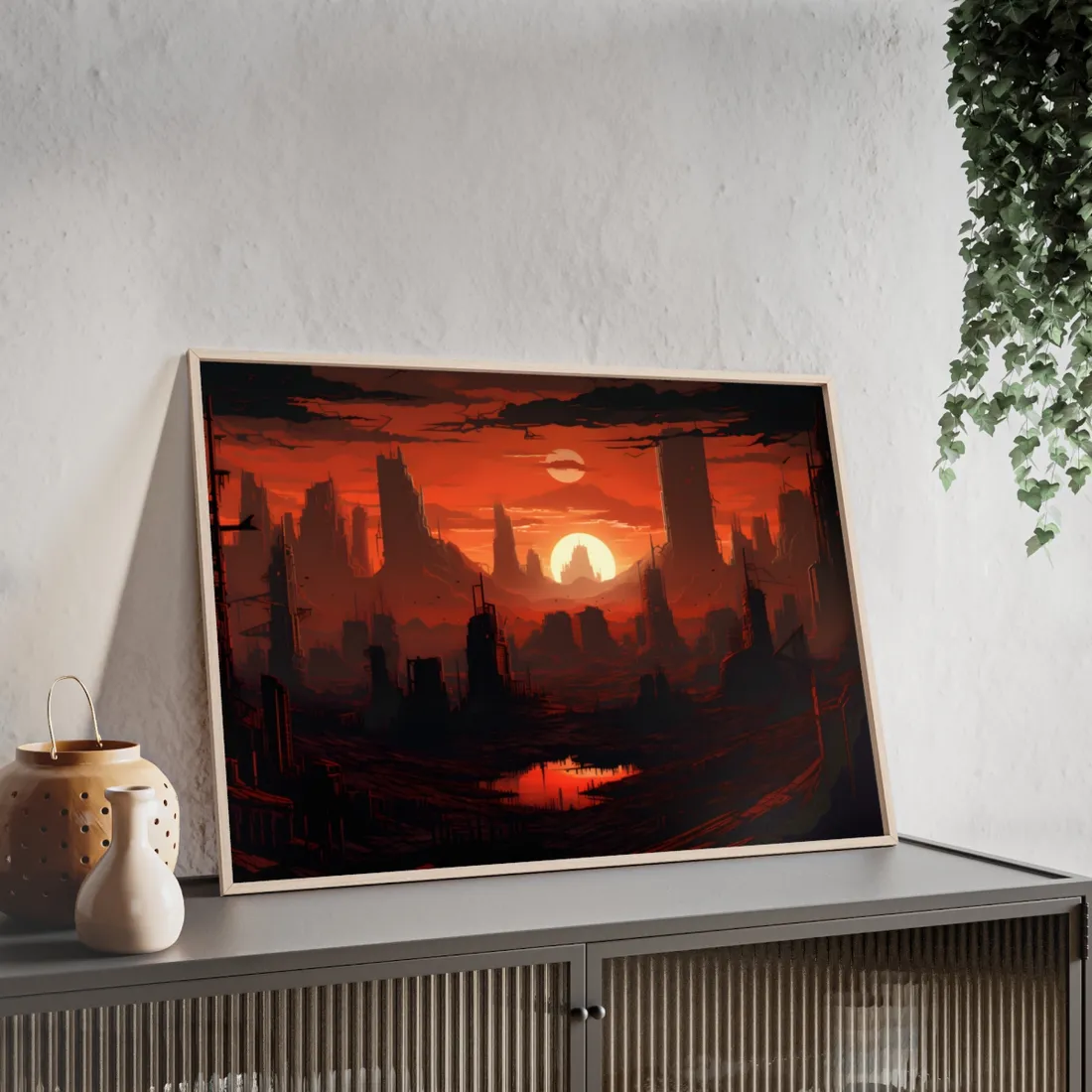 Cyberpunk Nighttime Cityscape: Burning City Digital Art - Framed Poster
