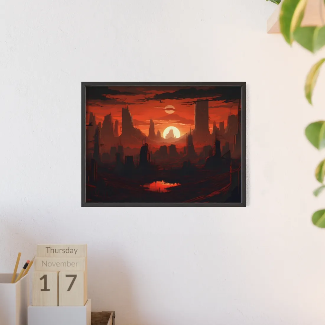 Cyberpunk Nighttime Cityscape: Burning City Digital Art - Framed Poster