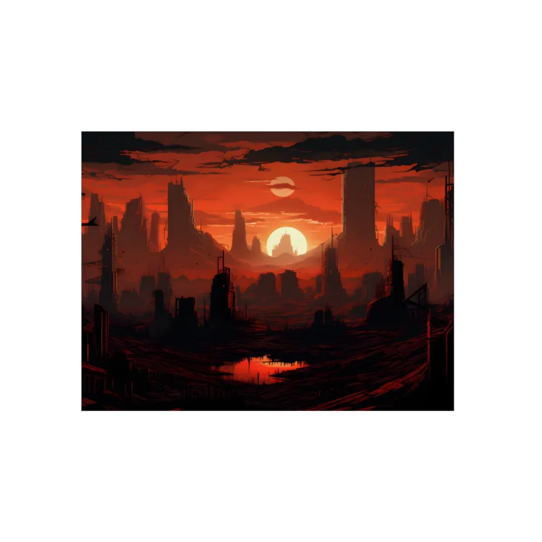 Cyberpunk Nighttime Cityscape: Burning City Digital Art - Metal Poster