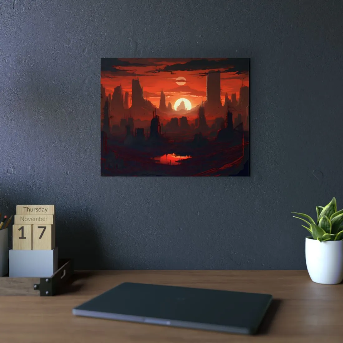 Cyberpunk Nighttime Cityscape: Burning City Digital Art - Metal Poster