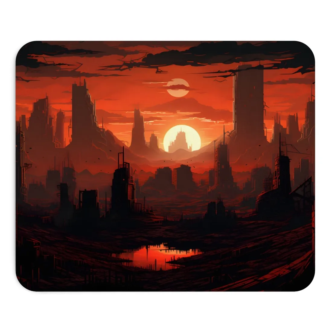 Cyberpunk Nighttime Cityscape: Burning City Digital Art - Mouse Pad