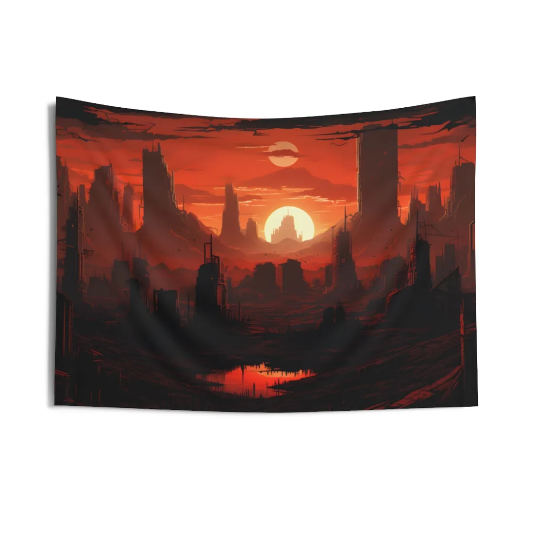 Cyberpunk Nighttime Cityscape: Burning City Digital Art - Wall Tapestry