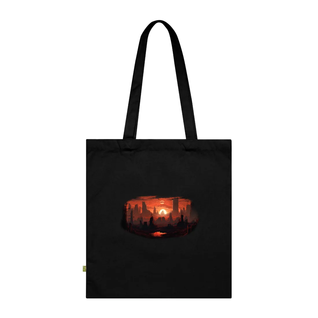 Dark silhouetted ruined city towers against a glowing red sunset, with a reflective pool in the foreground – Tote Bag, black