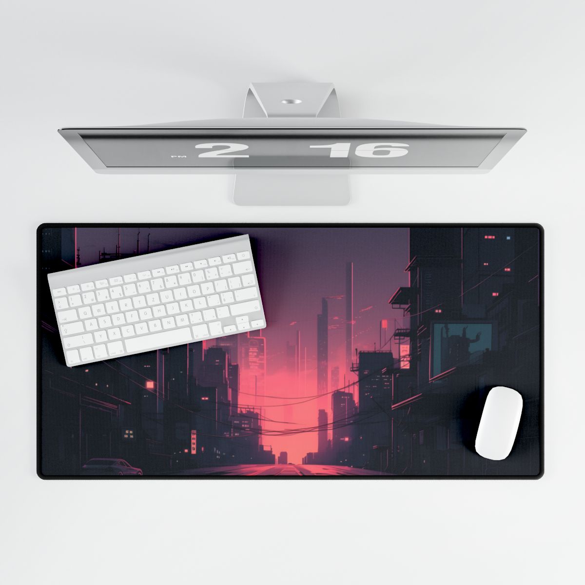 Cyberpunk Nighttime Cityscape: Melancholic Mood - Desk Mat