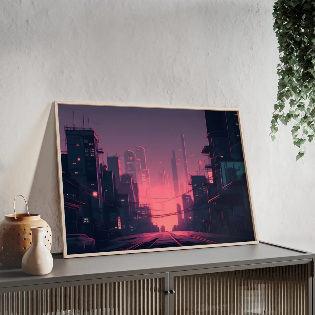 Cyberpunk Nighttime Cityscape: Melancholic Mood - Framed Poster