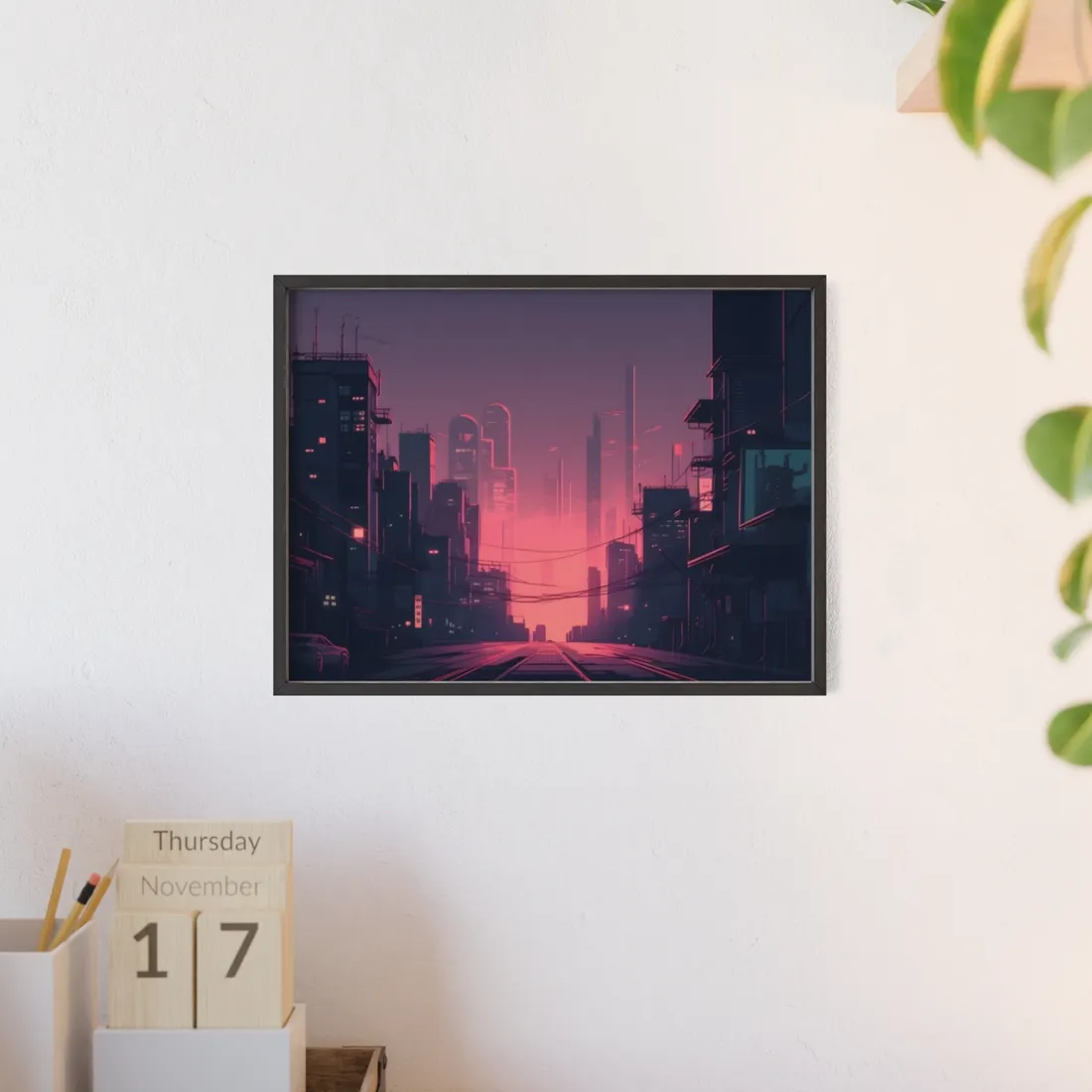 Cyberpunk Nighttime Cityscape: Melancholic Mood - Framed Poster