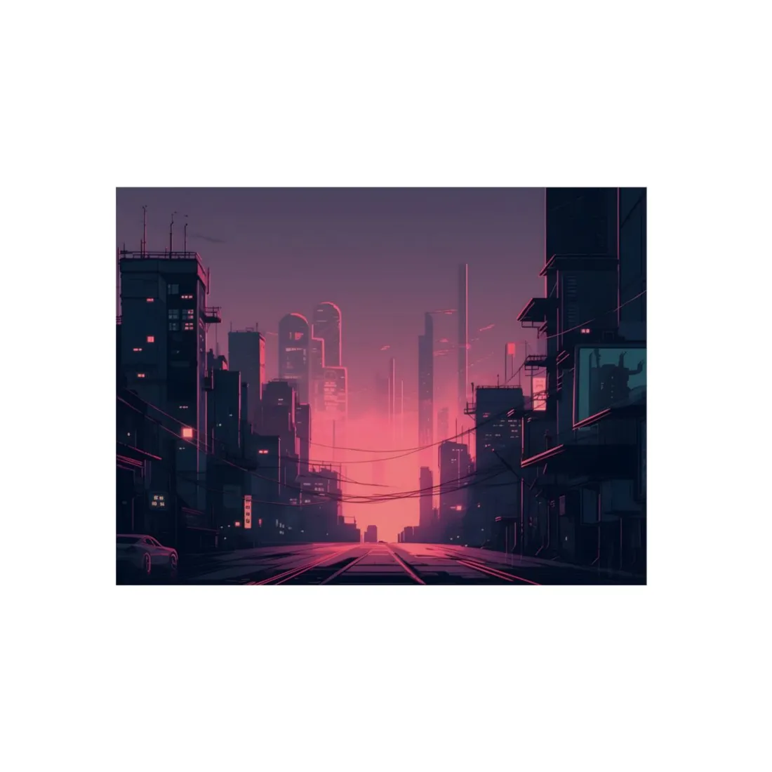 Cyberpunk Nighttime Cityscape: Melancholic Mood - Metal Poster