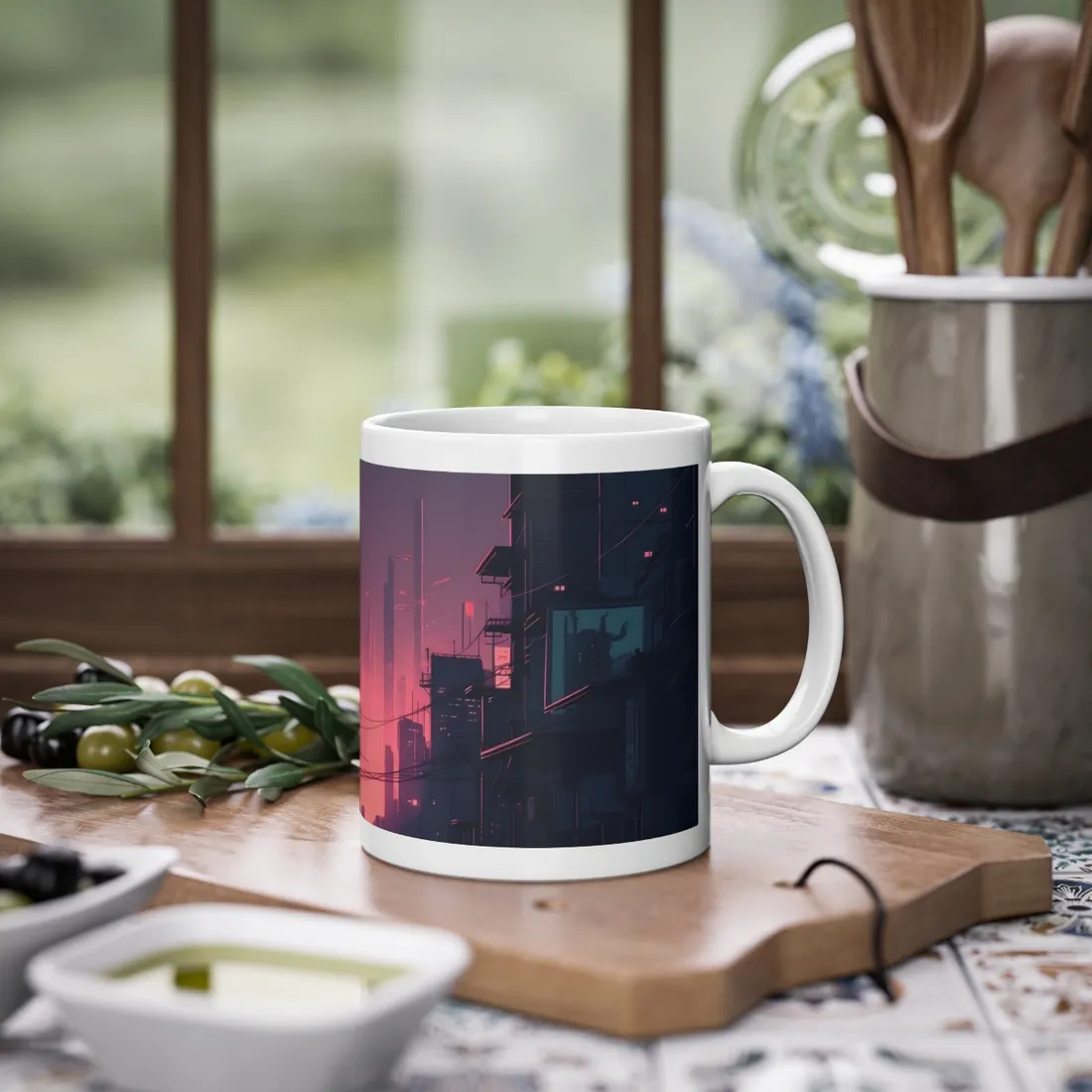 Cyberpunk Nighttime Cityscape: Melancholic Mood - Mug