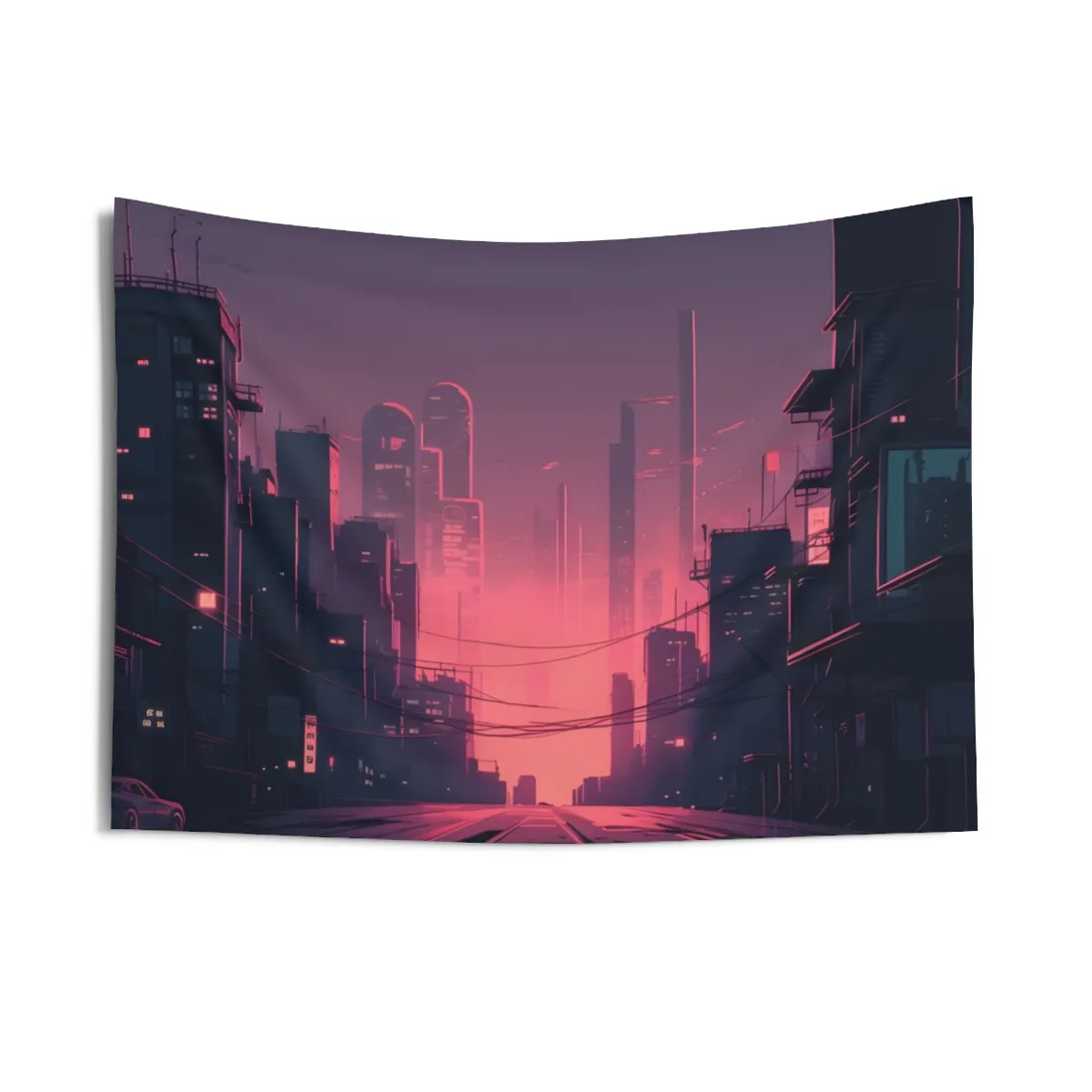 Cyberpunk Nighttime Cityscape: Melancholic Mood - Wall Tapestry