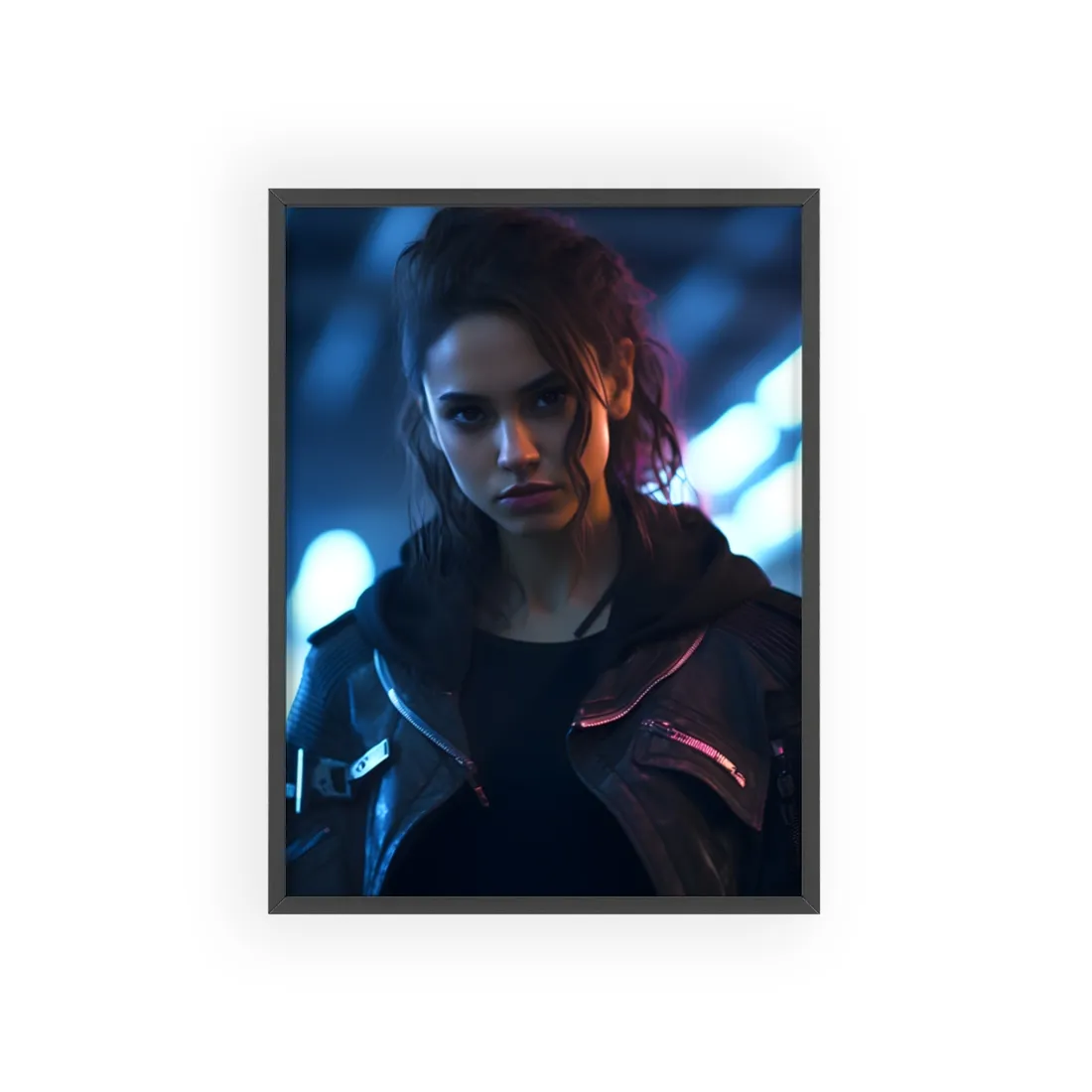 Cyberpunk Teen Close-Up: Neon Glow Digital Art - Framed Poster