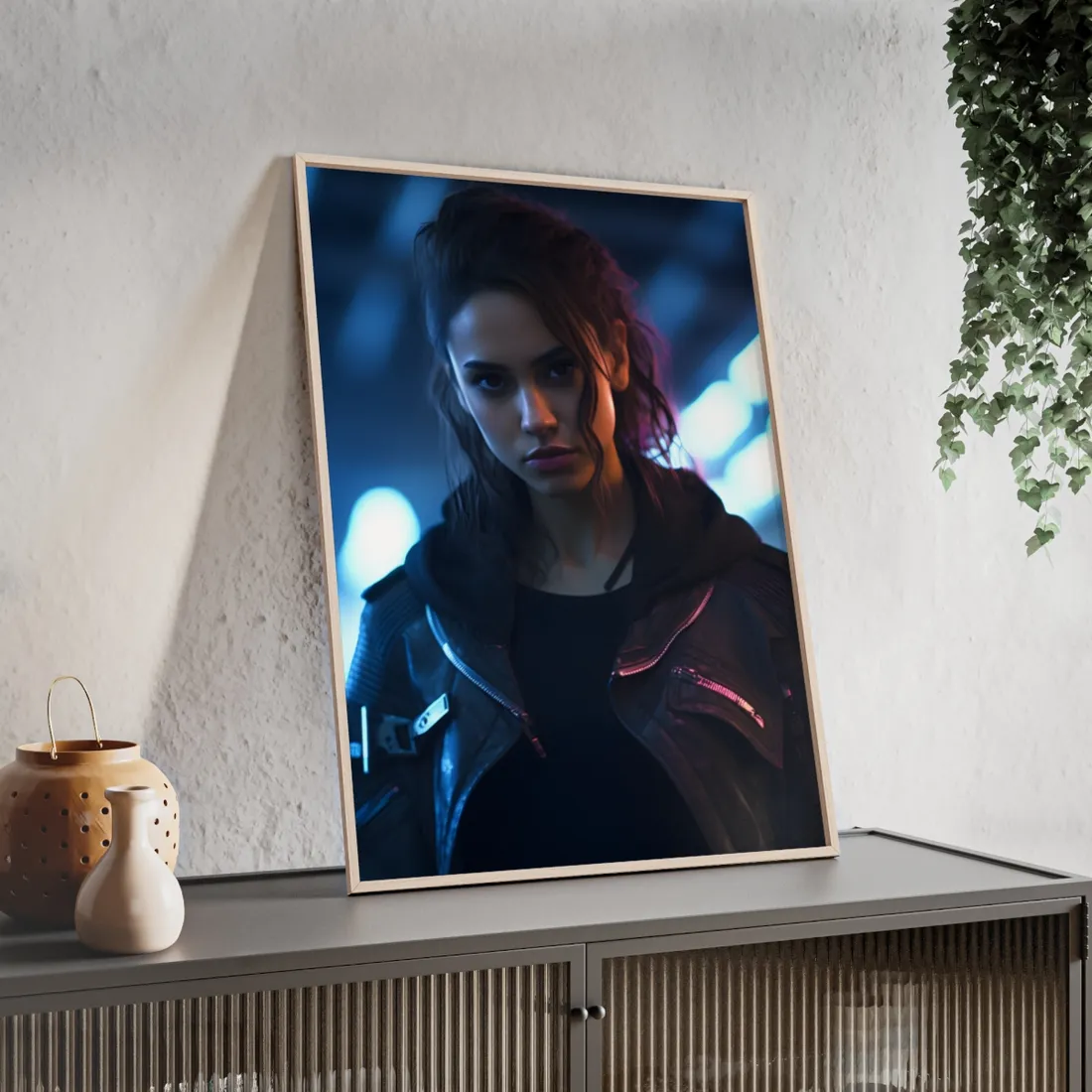 Cyberpunk Teen Close-Up: Neon Glow Digital Art - Framed Poster