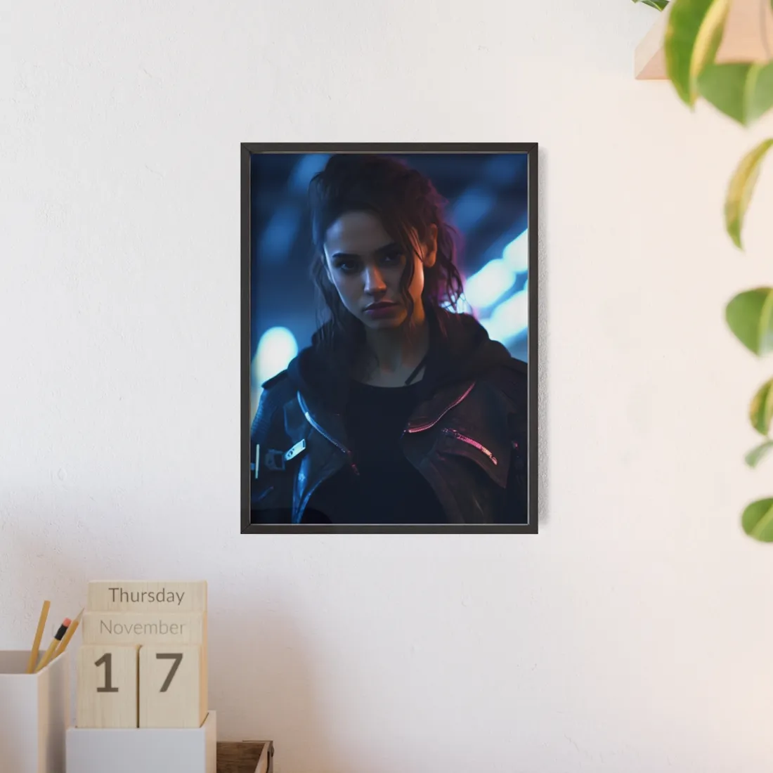 Cyberpunk Teen Close-Up: Neon Glow Digital Art - Framed Poster